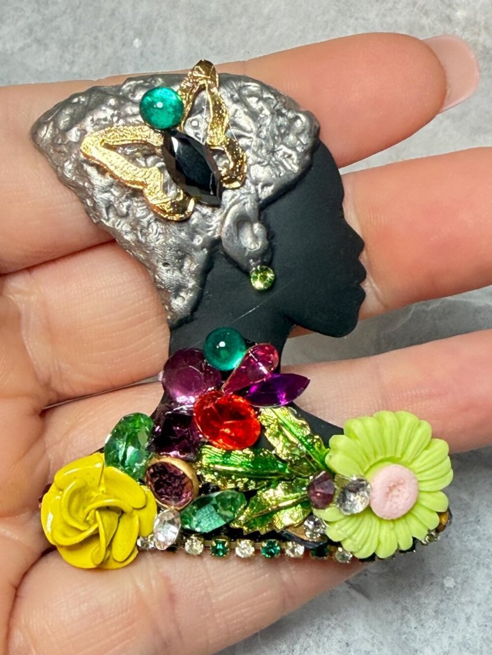 OOAK Ultra Craft Lady Face Brooch Handmade Floral Art Pin Vintage 2.25 inches